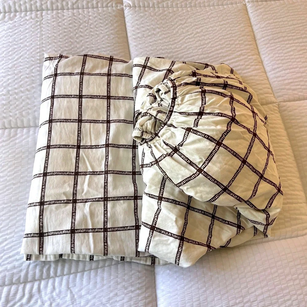 Lauren Ralph Lauren Dorian Windowpane King Sheet Set Cotton Brown Cream Grid